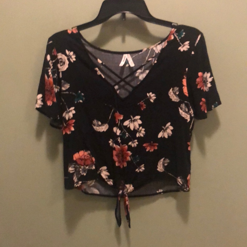 Floral Black Top with Tie Front